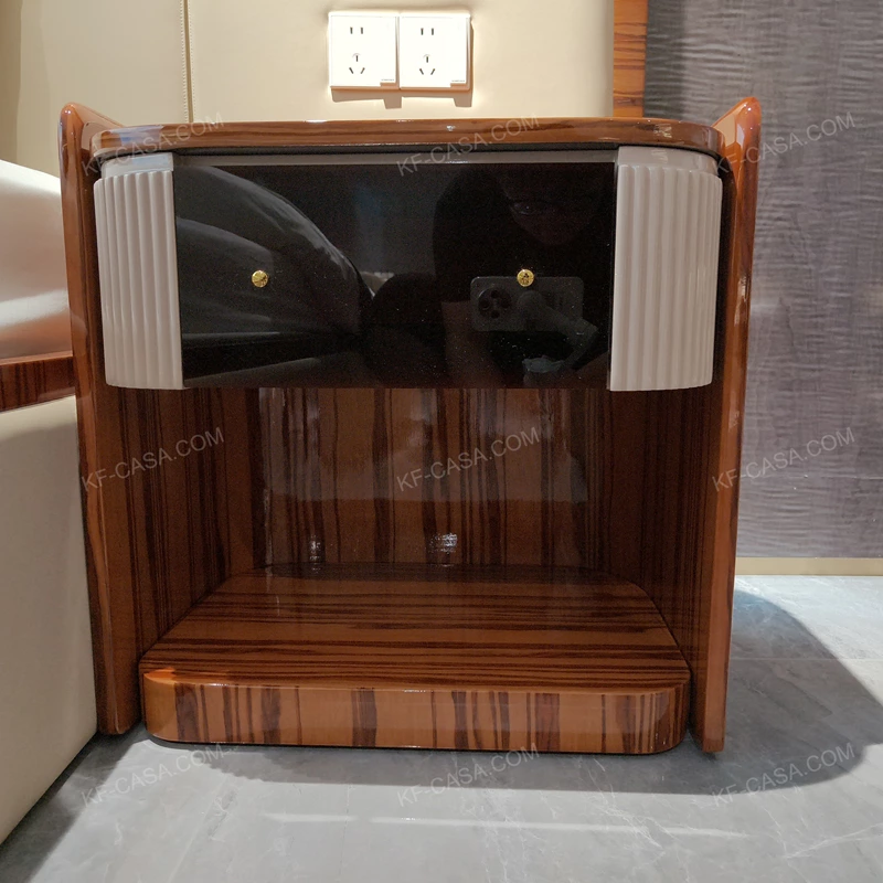 Striped Natural Wood Veneer Nightstand with Pleated Accents